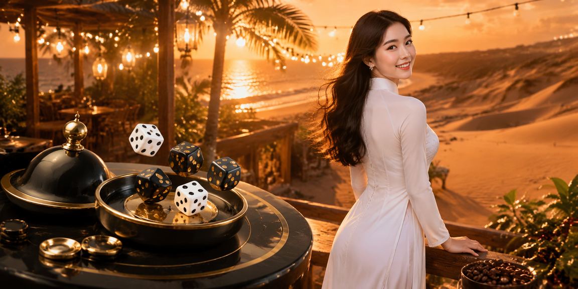 Người chơi Tài Xỉu tại Mũi Né với trang phục áo dài truyền thống và xúc xắc trực tuyến